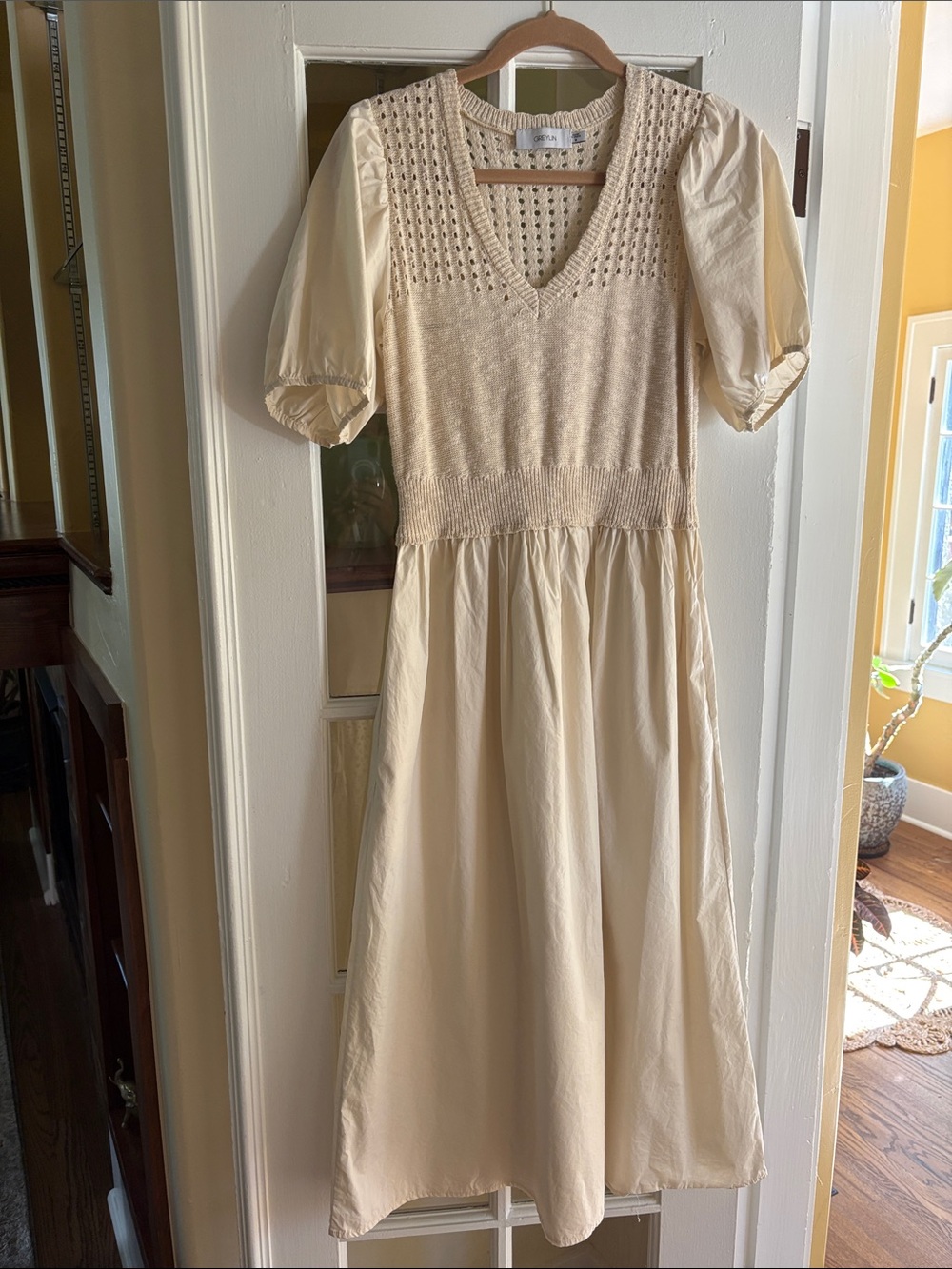 Greylin Cream Puff Sleeve Knit-Waist Midi Dress